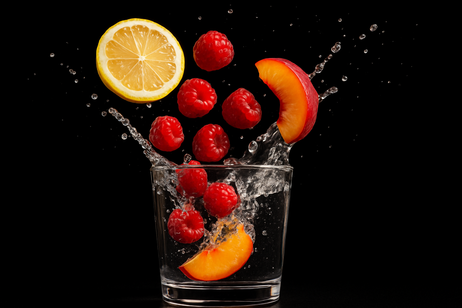 black background fruit dropping into a class of water, lemon, raspberry, peach