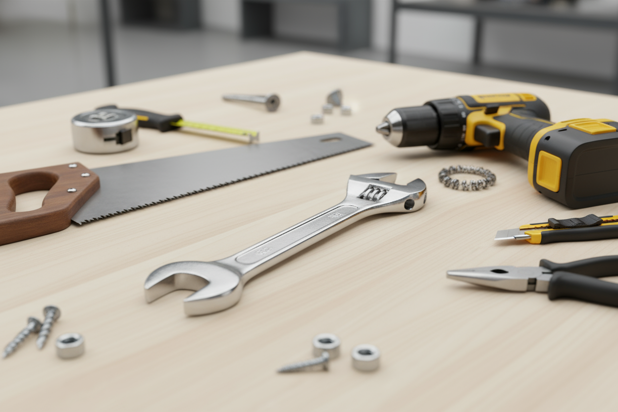 Image of tools, wrench, drill, saw