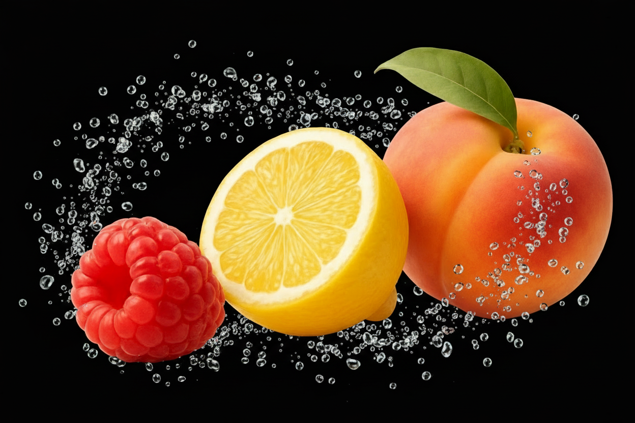 raspberry, lemon and peach